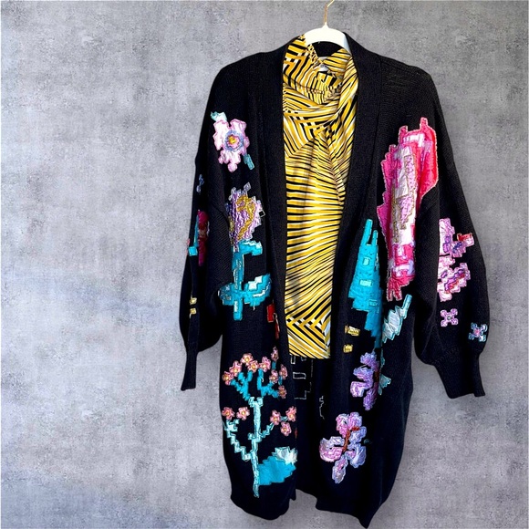 Bonnie Boerer & Co. Black Beaded Patchwork Cardigan – Size L - Picture 1 of 13